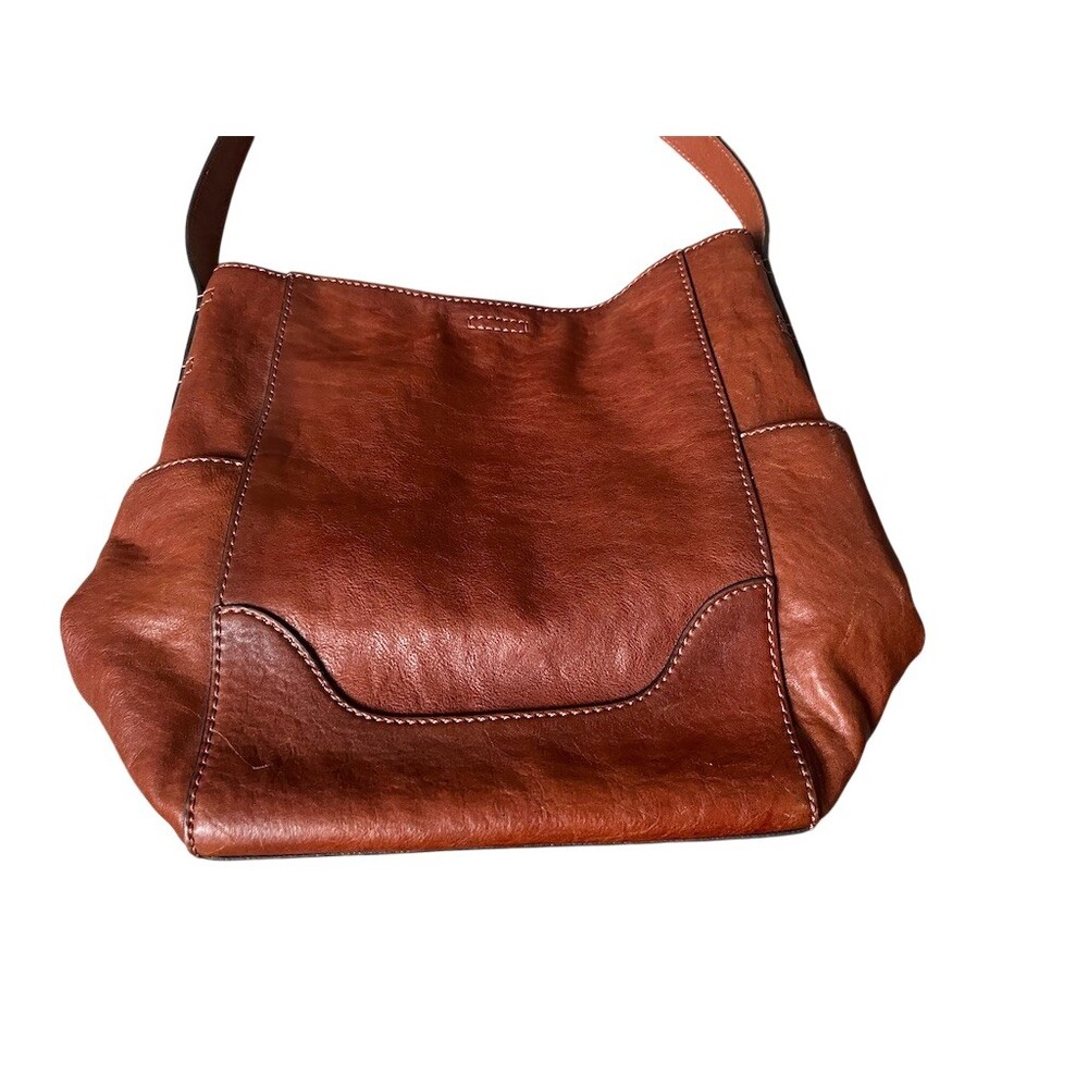 Frye Hobo Shoulder Bag Womens Brown Cognac Side Pockets Contrast Stitching - Picture 2 of 6